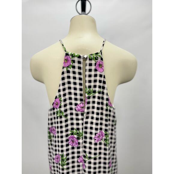 Everly‎ Black White Check Purple Flowers Spring Easter Sleeveless Swing Dress - Picture 4 of 6